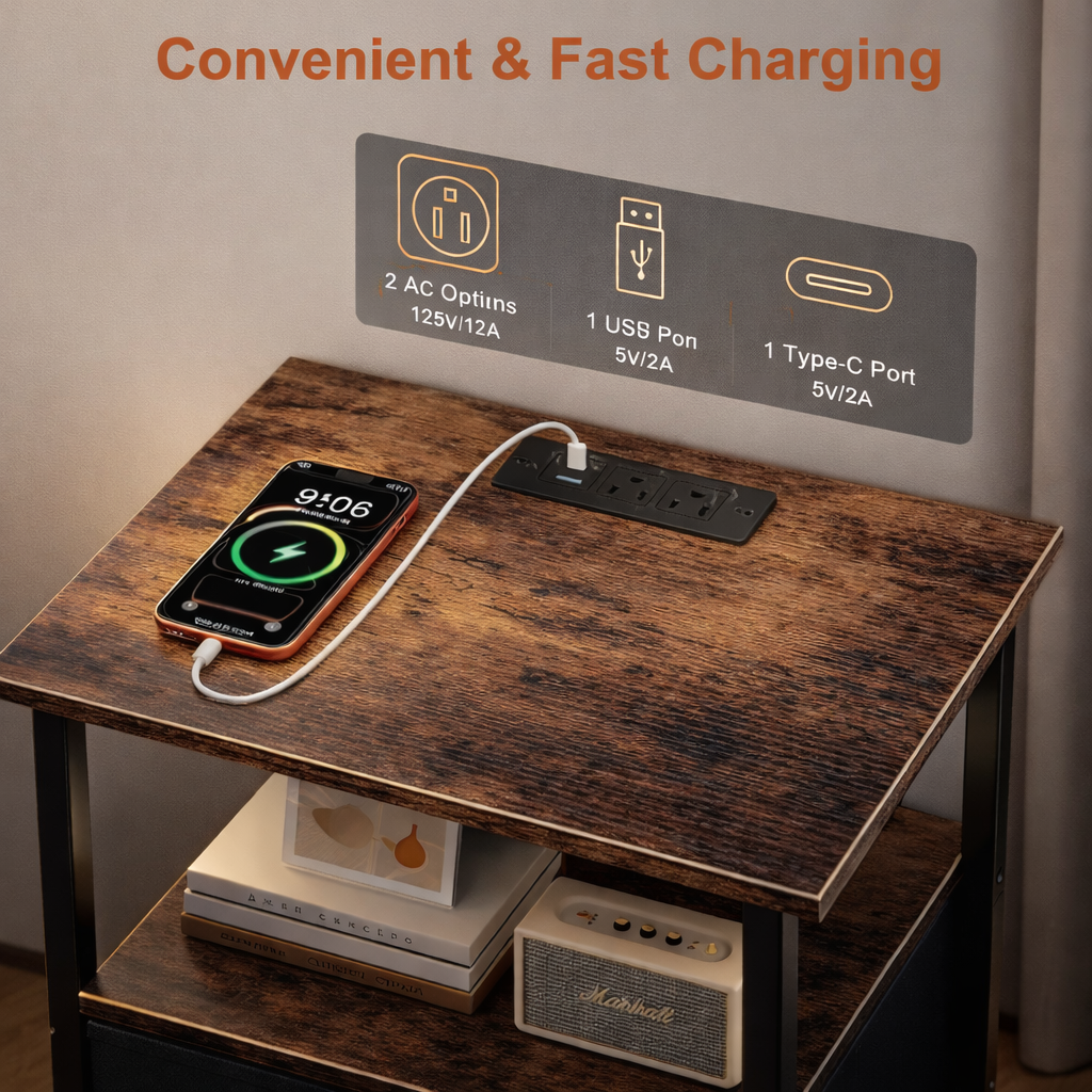 VantaWood Nightstand with Charging Station