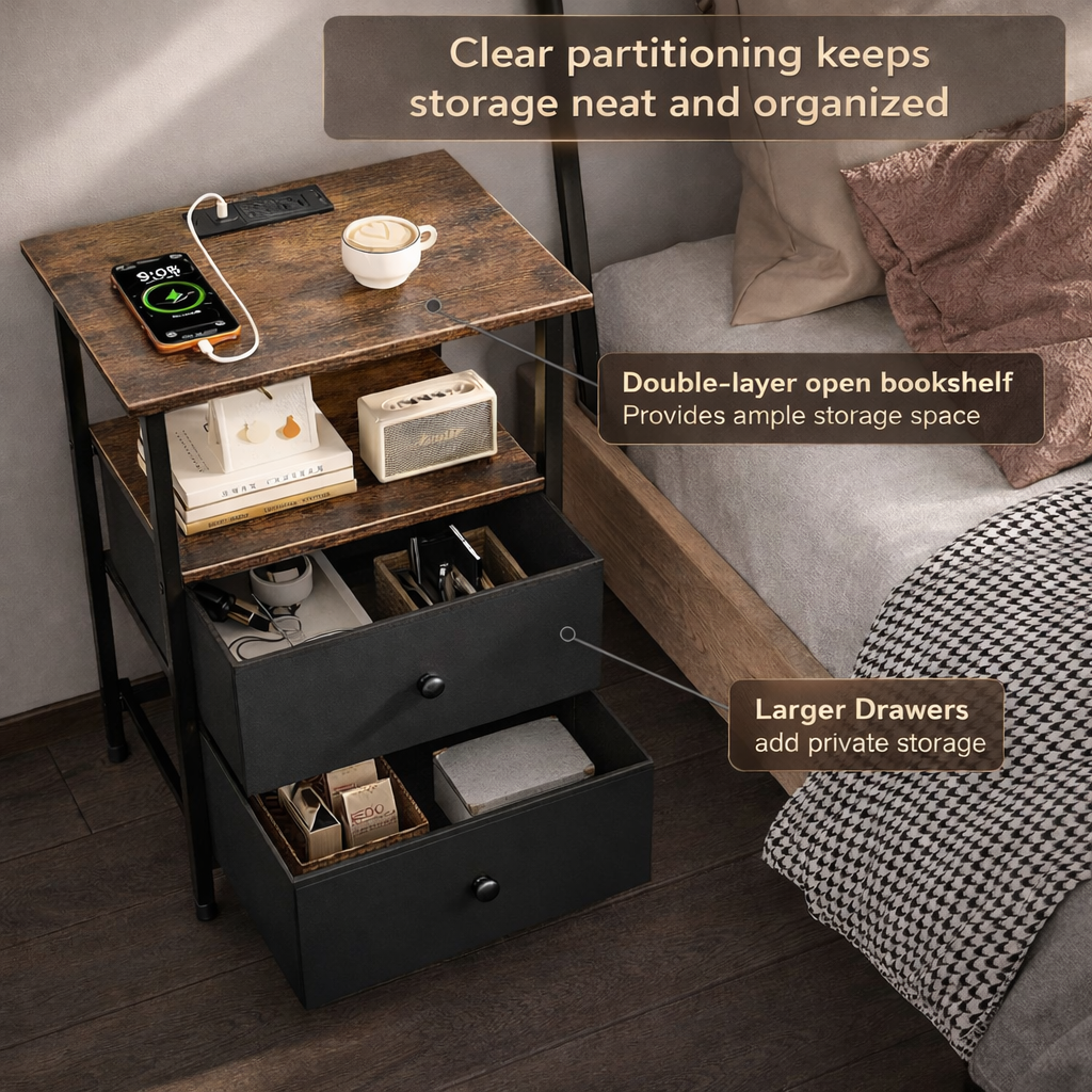 VantaWood Nightstand with Charging Station