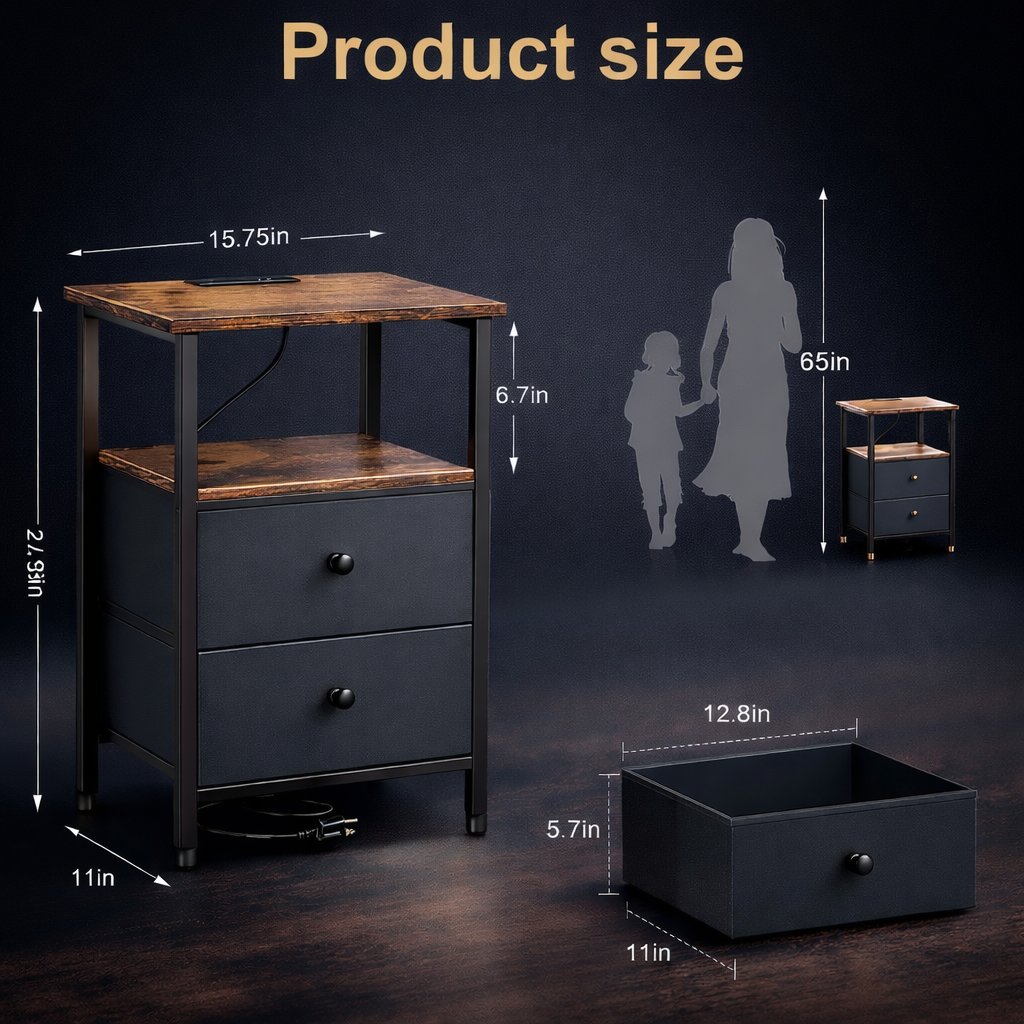 VantaWood Nightstand with Charging Station